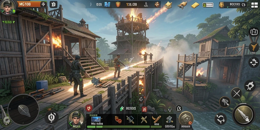Tangkapan layar gameplay MG108 yang menunjukkan benteng menara beraksi.